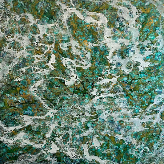 Abstract painting with flowing white patterns over a rich mix of turquoise, emerald, and earthy tones, resembling ocean foam or mineral formation