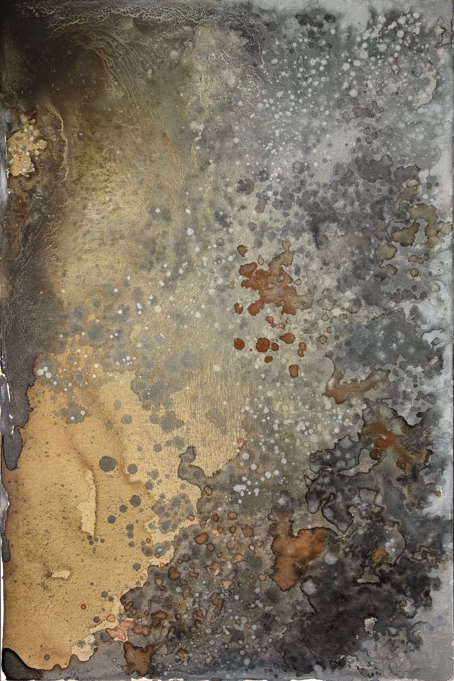 Original abstract painting in brown, grey, silver, white and rust with corrosion looking textures and organic forms