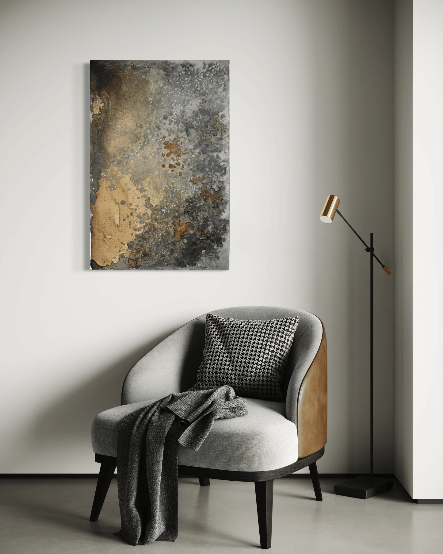 Original abstract painting in brown, grey, silver, white and rust with corrosion looking textures and organic forms displayed above an armchair and floor lamp in modern interior