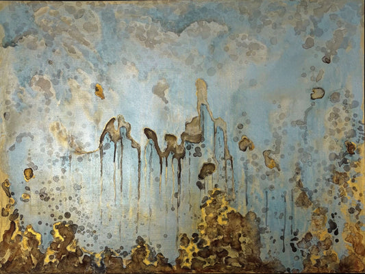 Original abstract painting in blue , gold and silvered with layered brown and rust textures and organic forms