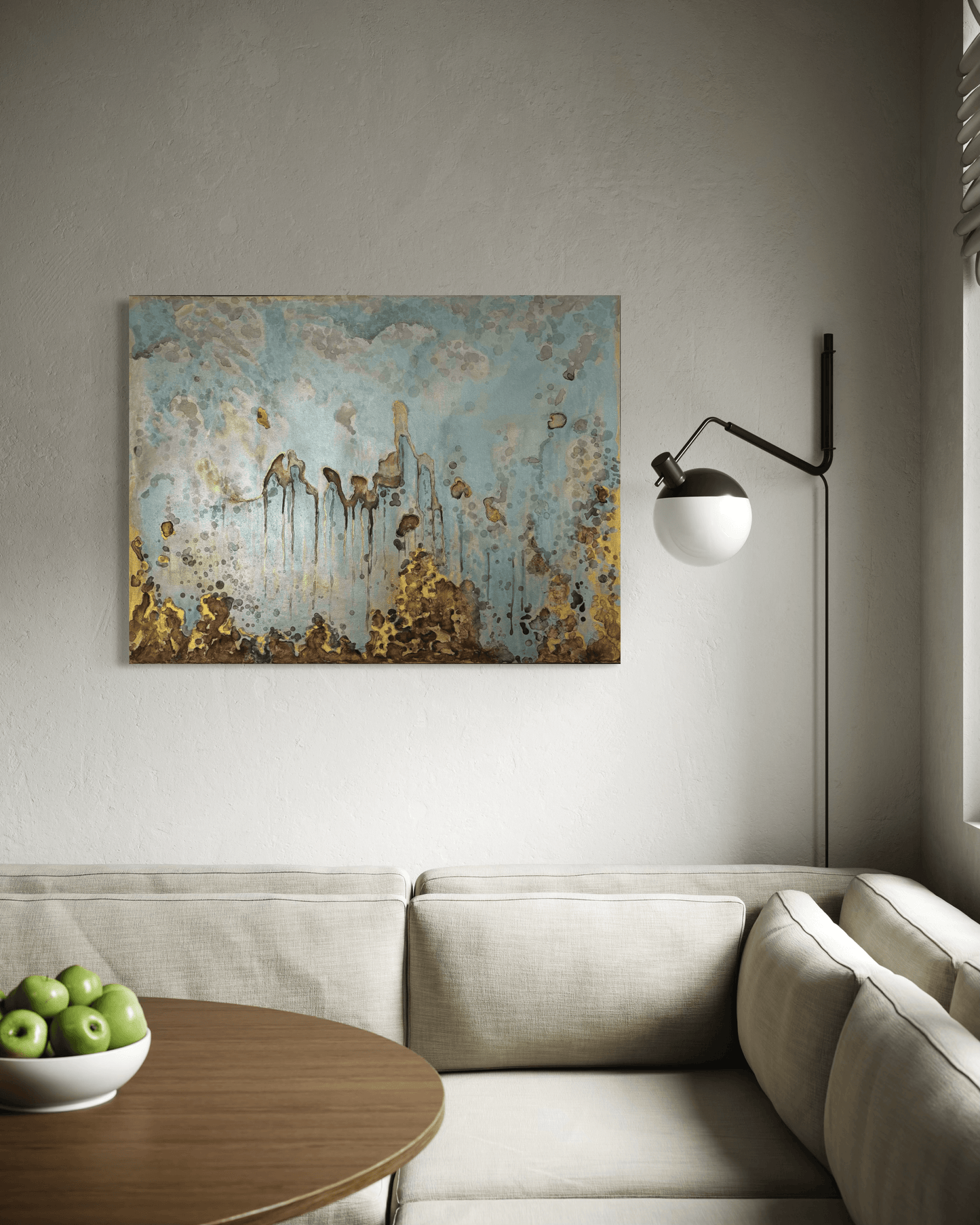 Original abstract painting in blue , gold and silvered with layered brown and rust textures and organic forms displayed above a banquette  in modern  kitchen interior.