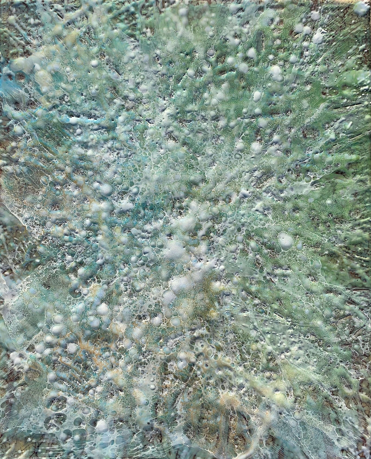 Abstract Encaustic Painting, 16x20in.  Inspired and named after a song by Astrud Gilberto, Gentle Rain. Created with beeswax, damar resin, dry pigments and shellac on cradled wood panel. This painting is bursting with blues, greens and variations of earthy pigments. The delicate lace like texture of shellac mimics rain drops hitting the ground and creating tiny bubbles on the surface.    Hanging hardware is included 