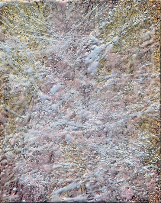 Abstract Encaustic Painting, 16x20in.  Created with beeswax, damar resin, dry pigments and shellac on cradled wood panel. This painting is bursting with soft yellows, and variations of delicate pinks. The underlying layer of dark lace like texture is creating this mystery of what is inside of us. There is a great deal of detail in this piece.   Hanging hardware is included 