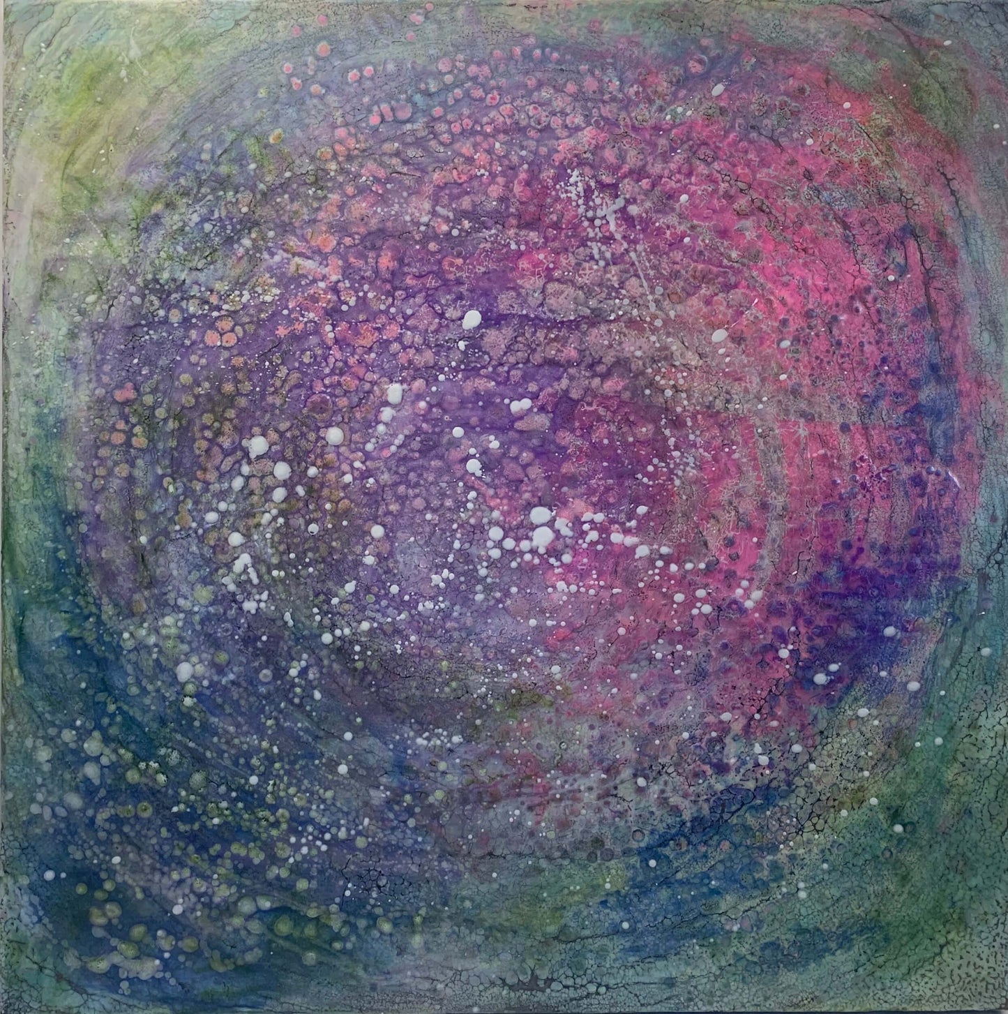 Abstract Encaustic Painting, 30x30in.  Created with beeswax, damar resin, dry pigments and shellac on cradled wood panel. This piece is vibrant with variations of greens, pinks, blues and intricate lace-like texture.  The painting has a hypnotizing and energizing feel to it.   Hanging hardware is included 