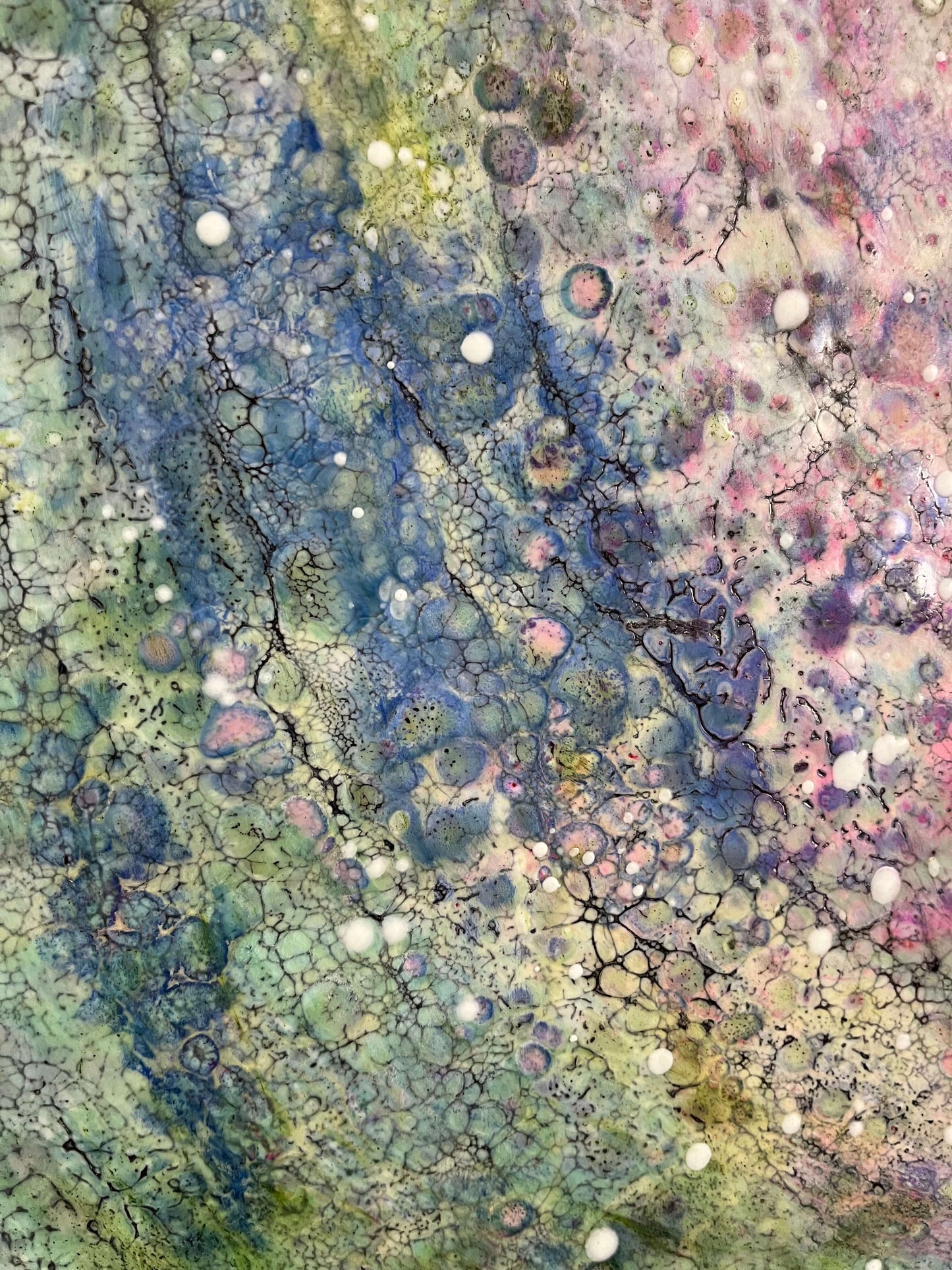 Close up.Abstract Encaustic Painting, 30x30in. Created with beeswax, damar resin, dry pigments and shellac on cradled wood panel. This piece is vibrant with variations of greens, pinks, blues and intricate lace-like texture. The painting has a hypnotizing and energizing feel to it. Hanging hardware is included
