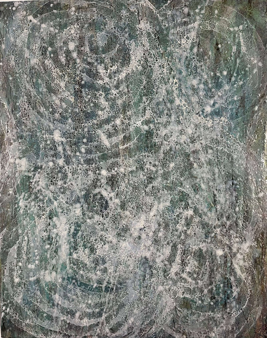 Abstract Encaustic Painting, 30x24in.  Created with beeswax, damar resin, dry pigments and shellac on cradled wood panel. This painting was inspired and named after a piece of music by Caude Debussy-Francois-Joel Thiollier. This piece has a moody feel to it with colours of green, greys, browns and shellac cell-like texture swirling as if raindrops are falling out of grey sky onto a pond. Hanging hardware is included 