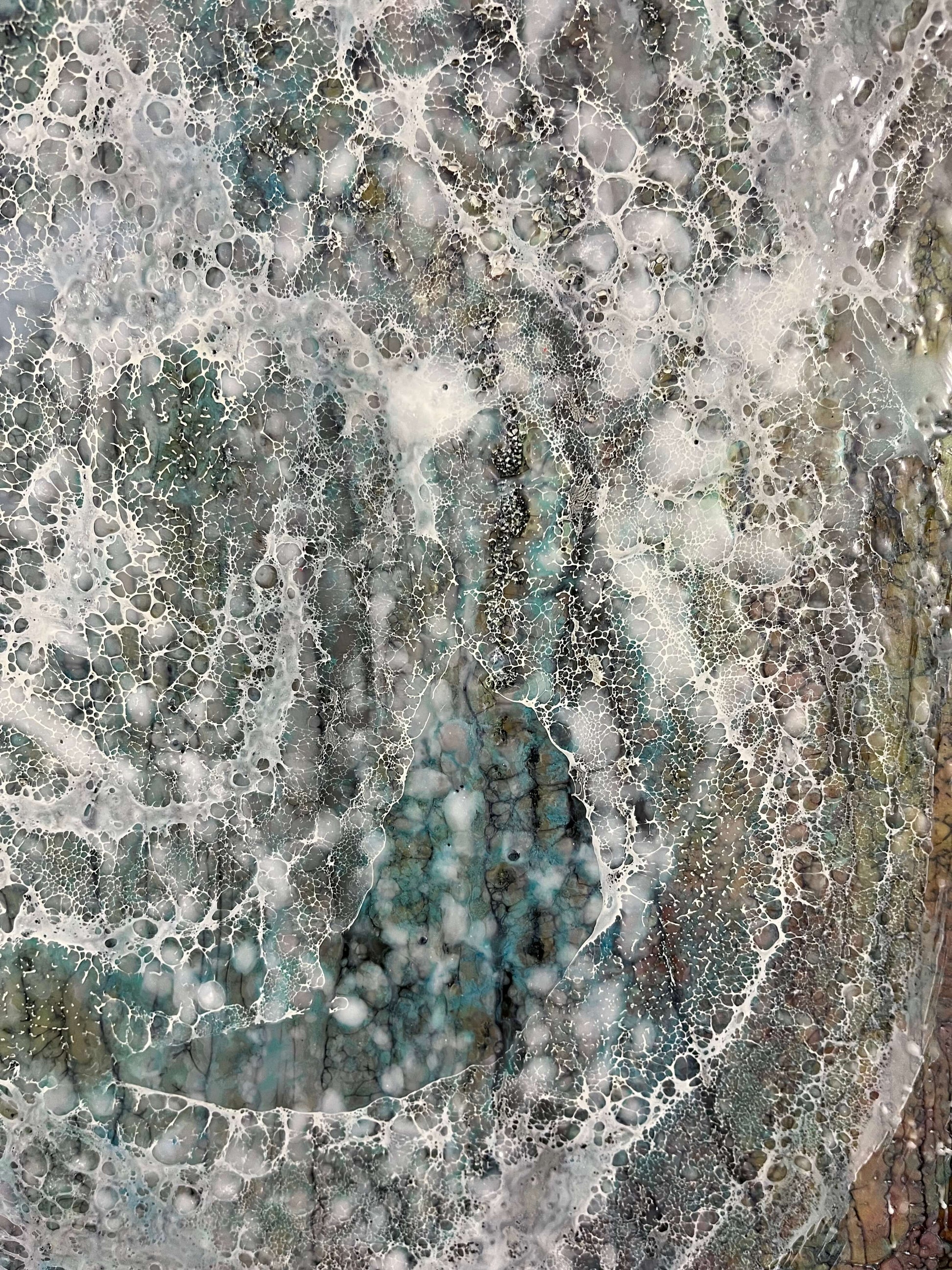 Close up.Abstract Encaustic Painting, 30x24in. Created with beeswax, damar resin, dry pigments and shellac on cradled wood panel. This painting was inspired and named after a piece of music by Caude Debussy-Francois-Joel Thiollier. This piece has a moody feel to it with colours of green, greys, browns and shellac cell-like texture swirling as if raindrops are falling out of grey sky onto a pond. Hanging hardware is included